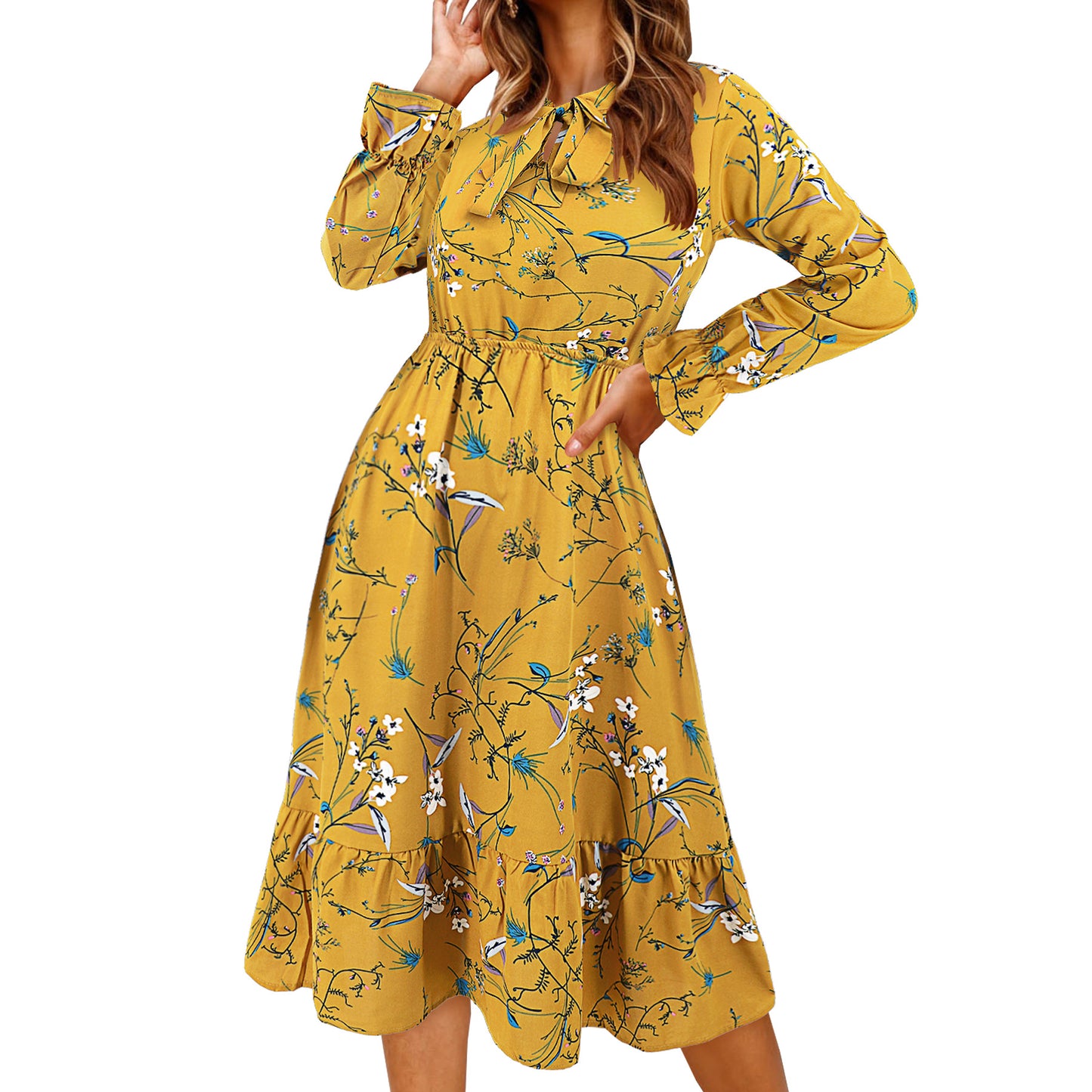 Women's midi dress with playful floral pattern and tie collar Caliora