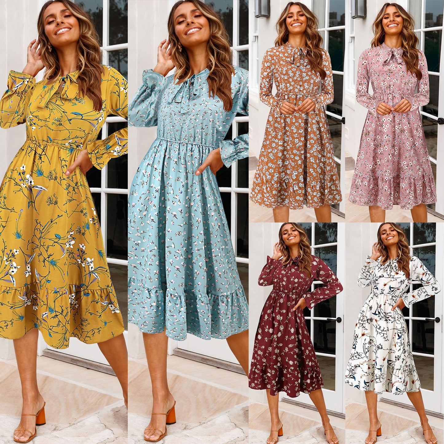 Women's midi dress with playful floral pattern and tie collar Caliora