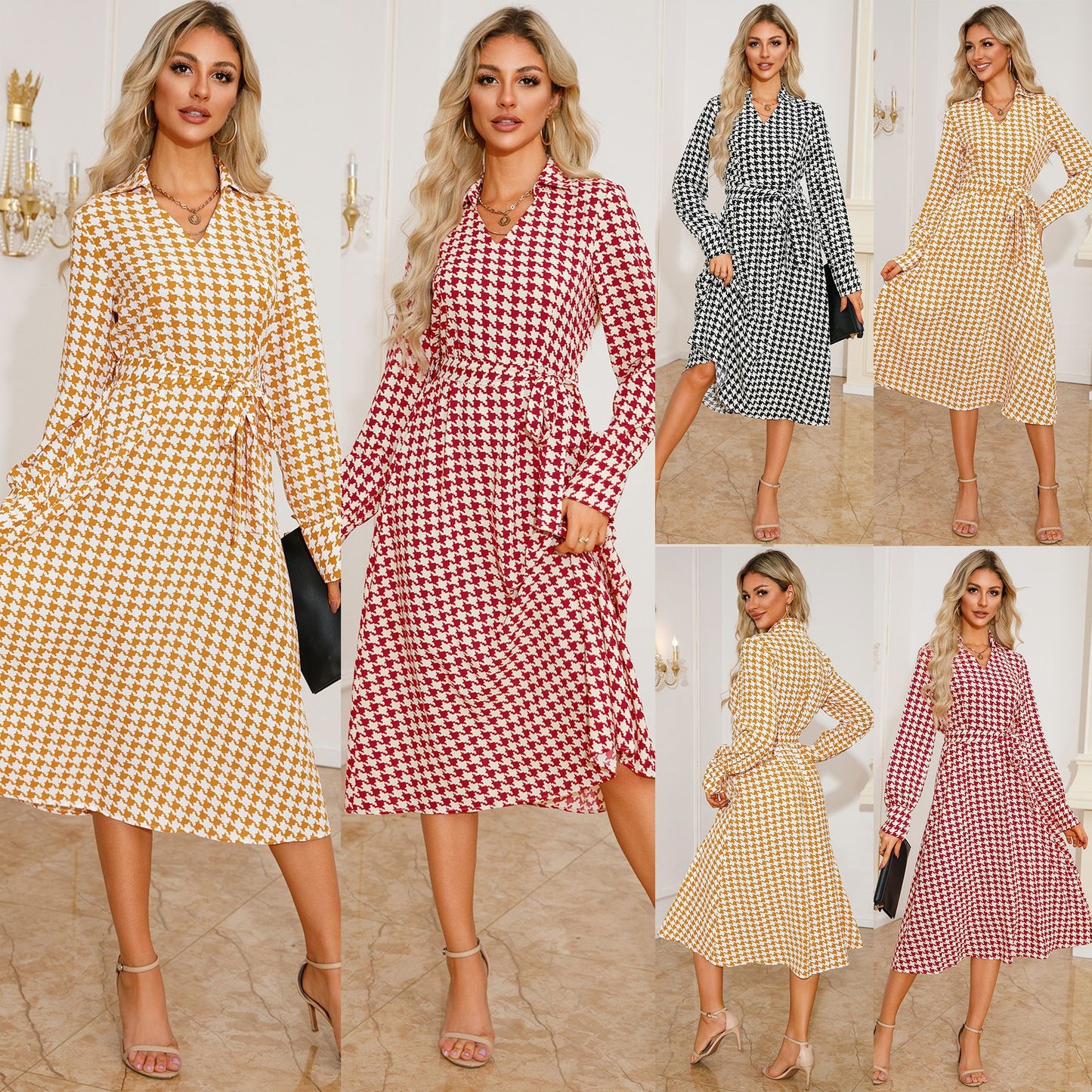 Women’s shirt dress with classic houndstooth pattern and waistline Caliora