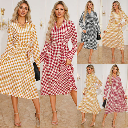 Women’s shirt dress with classic houndstooth pattern and waistline Caliora